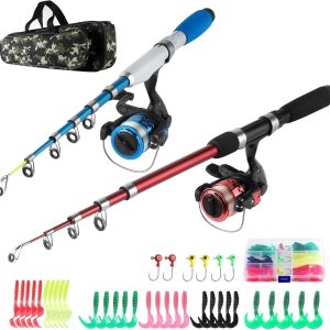 Fishing Rod and Reel Combos Collapsible Fishing Rod Kit,2PCS Telescopic Fishing Pole Full Kit,1.3M&1.6M/2PCS 1.7M/2.1M Fishing Rods+2PCS Spinning Reels+Lures Hooks+Fishing Bag+other Fishing Accessories Fishing Full Kit for Kids or Youth